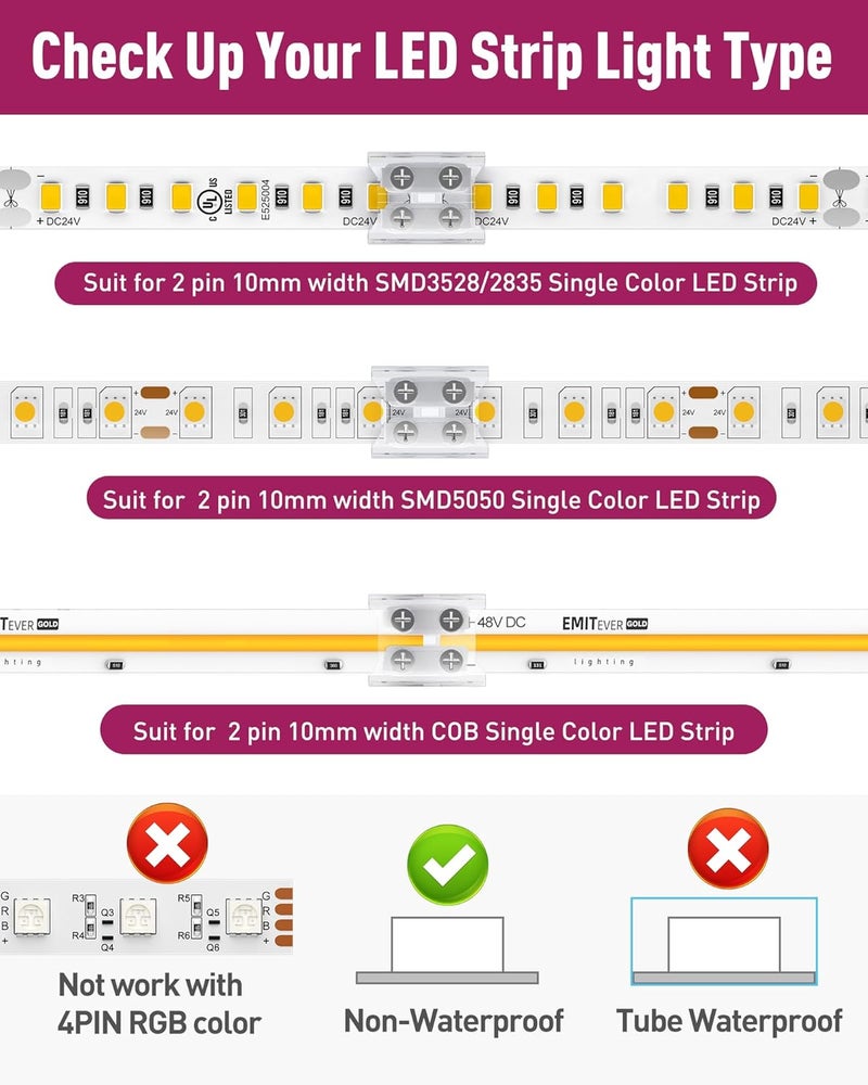 EMITEVER ​ 10mm LED Strip Connectors,12 Packs LED Tape Light Terminal Block Connector 2-pin Solderless Tighten Screw Transparent Tape to Tape Connectors for 5V 12V 24V 48V 10mm Width LED Strip Lights​ - Image 2